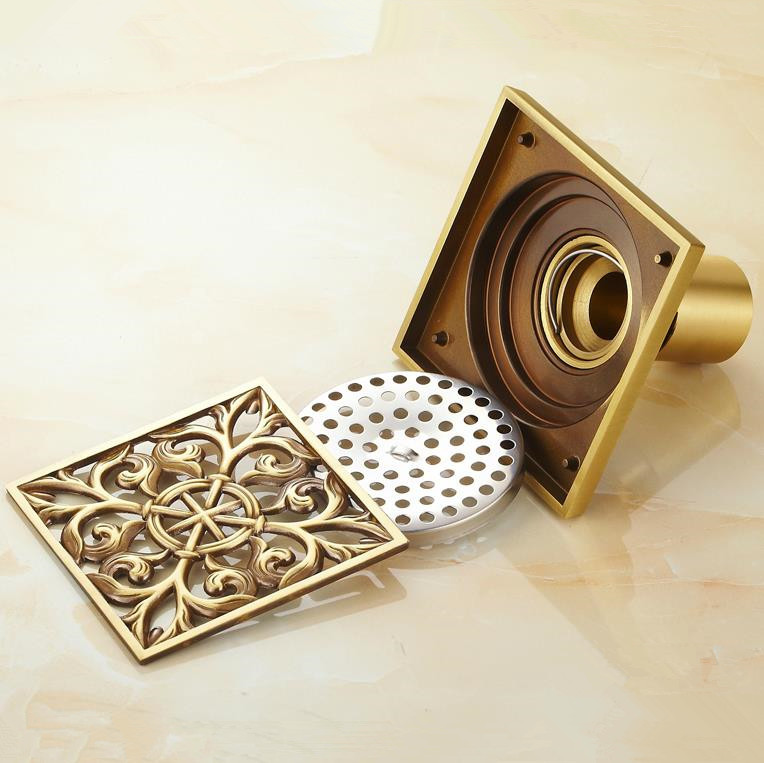 whole and retail euro square antique brass art carved flower bathroom sanitary floor drain waste grate 8704f