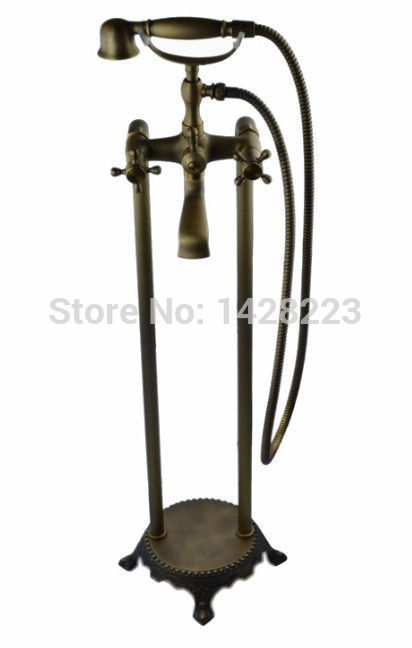 antique brass dual handles standing floor mounted bathroom bathtub mixer faucet w/ hand shower