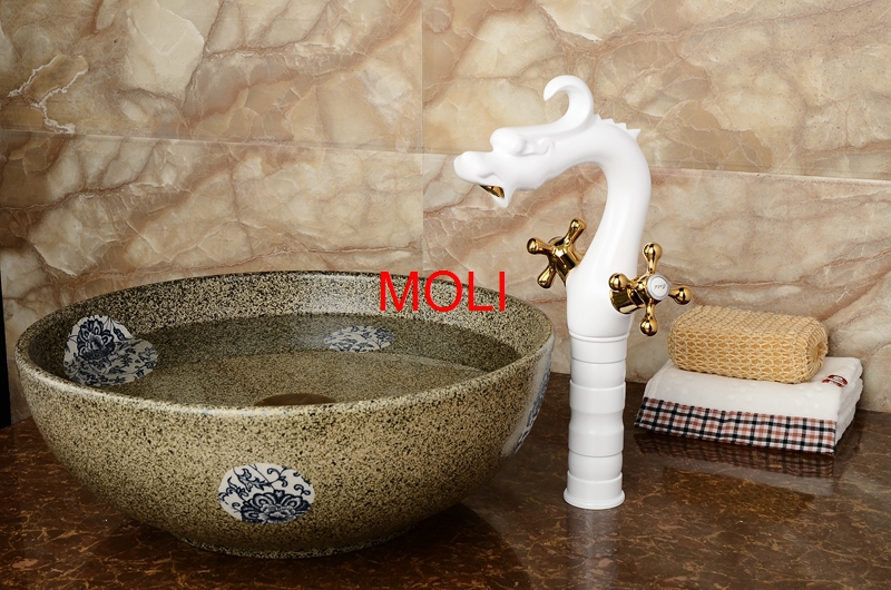 classic dragon faucet white painted double cross handle vessel sink tap deck mounted animal water mixer