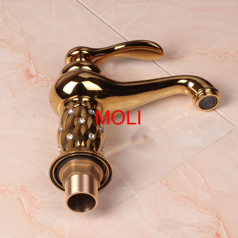 gold bress finish faucet diamond bathroom basin sink mixer taps single handle cold& golden faucets
