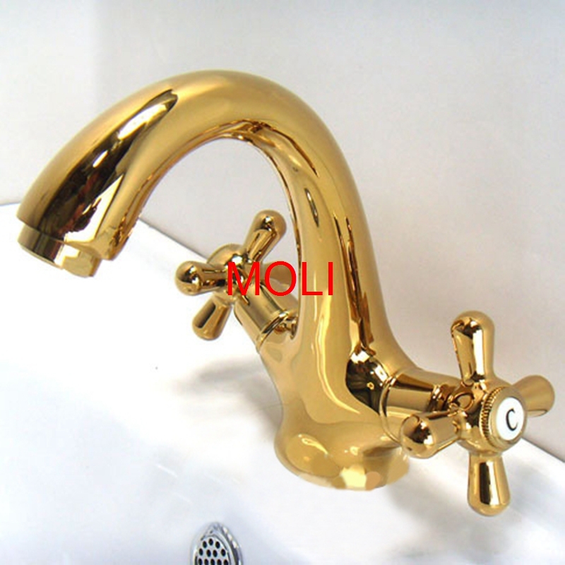 soild copper gold finish bathroom faucet double handle bend spout washbasin tap mixer torneira banheiro