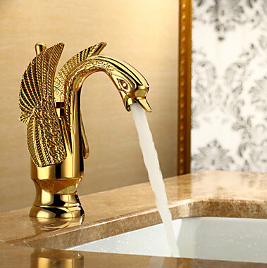 soild copper gold finish bathroom faucet luxury golden swan shape basin tap single lever torneira banheiro