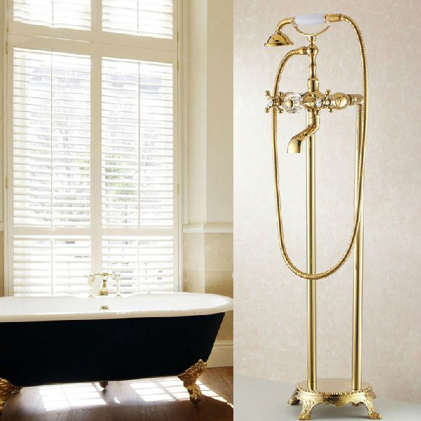 bathroom golden floor stand faucet telephone type bath shower mixer brass shower set luxury bathtub tap hj-5028k