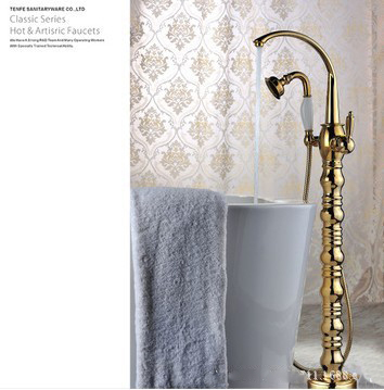 bathroom golden floor stand faucet telephone type bath shower mixer brass shower set luxury bathtub tap v1313 - Click Image to Close