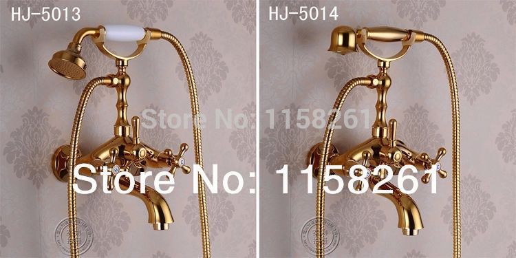 luxury antique style gold color bath tub faucet ceramic handle & handheld shower head faucet mixer tap hj*5014 - Click Image to Close