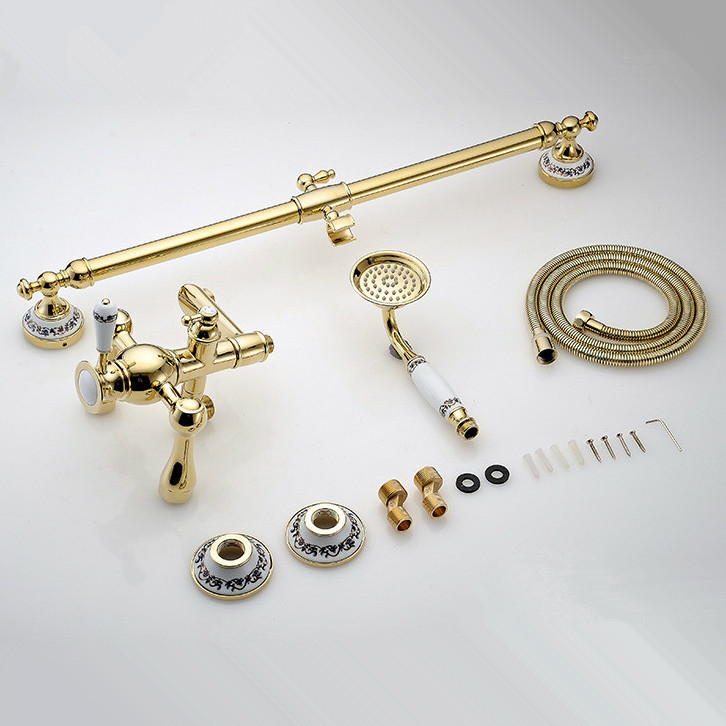 luxury golden color exposed wall mount bathroom bathtub faucet mixer tap handheld shower faucet head 5870a