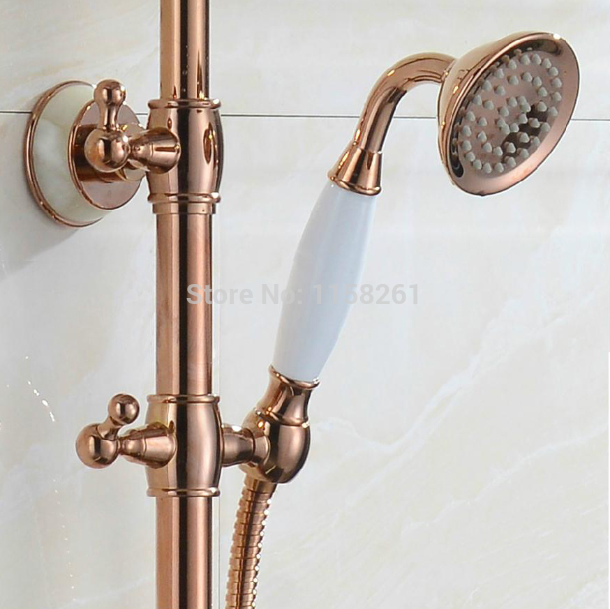new luxury rose gold color wall mount bath shower set faucet mixer taps rainfall head handheld spray q-66b