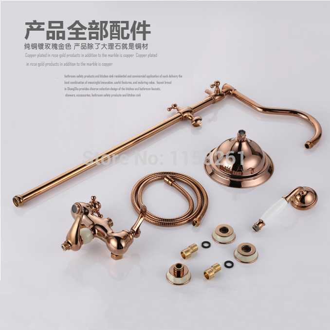 new luxury rose gold color wall mount bath shower set faucet mixer taps rainfall head handheld spray q-66b - Click Image to Close