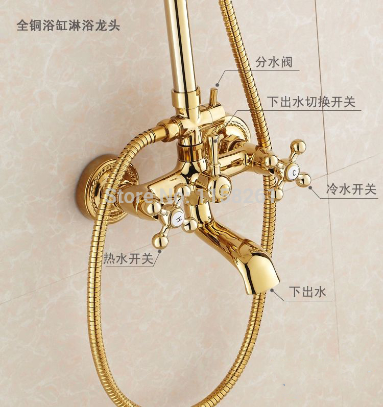 promotion luxury wall mounted golden finish shower faucet set rain shower tub mixer tap hj-3009k-a - Click Image to Close