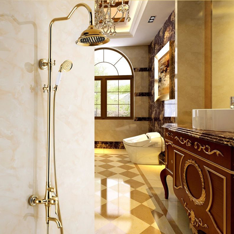 whole and retail luxury gold brass shower faucet set single ceramic handle tub mixer hand shower gy-8336