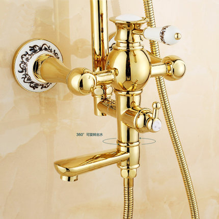 whole and retail luxury gold brass shower faucet set single ceramic handle tub mixer hand shower se-1688k