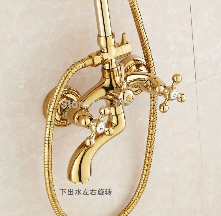 whole and retail promotion luxury gold brass shower faucet rain shower head+tub faucet+hand shower hj-3008k-b