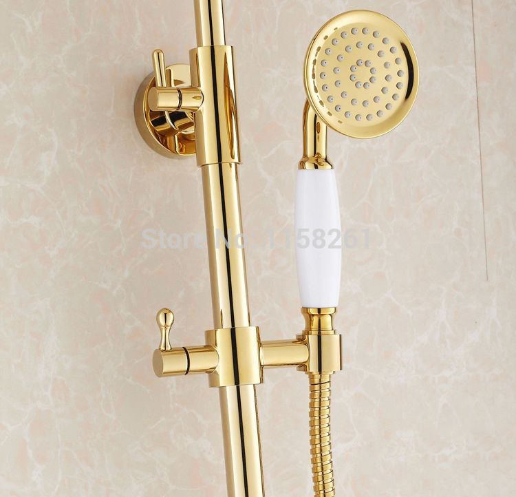 whole and retail promotion luxury gold brass shower faucet rain shower head+tub faucet + hand shower hj-859k-a
