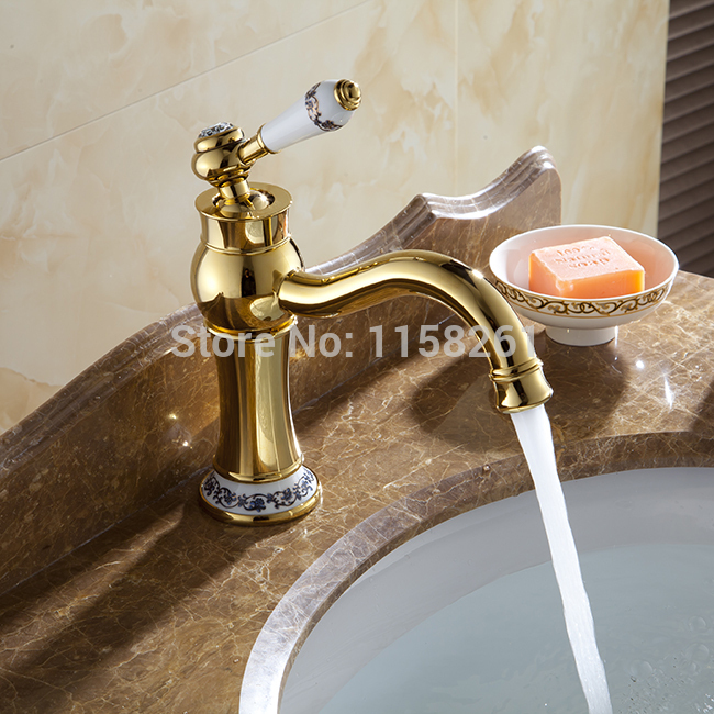 ceramic style golden brass bathroom basin faucet single handle hole mixer tap al-7503k