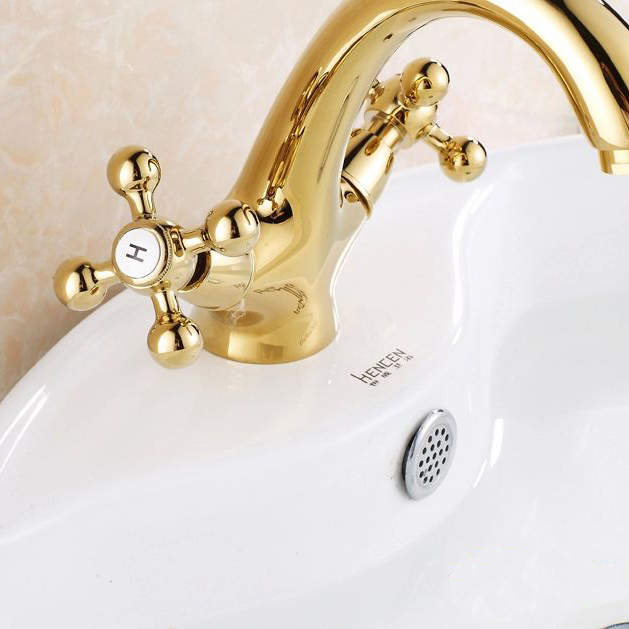 contemporary concise bathroom faucet golden polished brass basin sink faucet dual handle bath mixer hj-6655k
