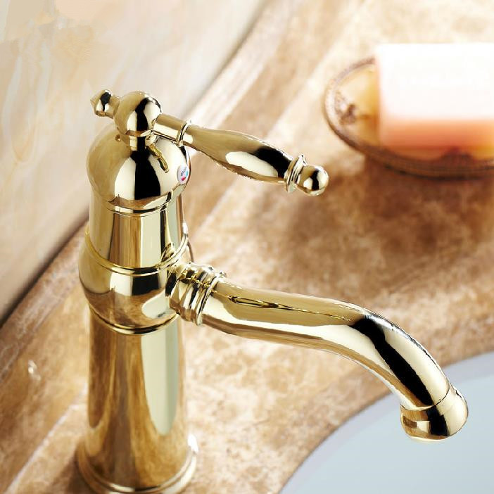 copper faucet gold plated cold and water fashion single hole antique wash basin golden european classical style 9220k