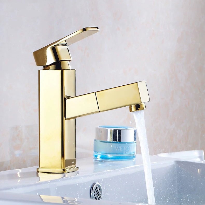 deck mounted golden finish pull out kitchen & bathroom faucet basin mixer tap 9016