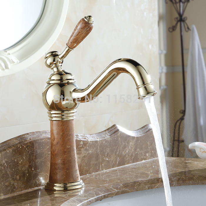 euro retro style bathroom marble basin sink faucet golden polished mixer tap single handle deck-mount al-8907k