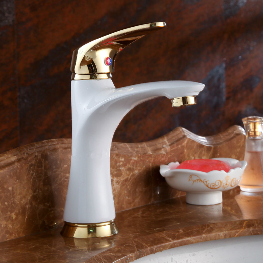 fashionable bathroom basin faucet grilled white paint golden mixer single handle single hole deck mounted faucet lx-2102w - Click Image to Close