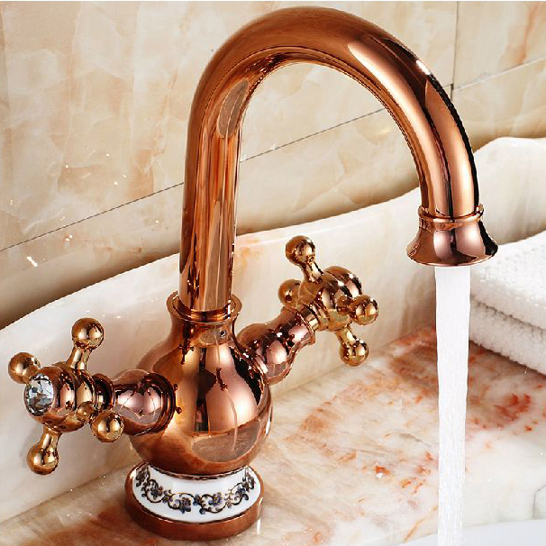 luxury deck mounted dual handles basin sink faucet rose gold color bathroom sink mixer faucet 2022e