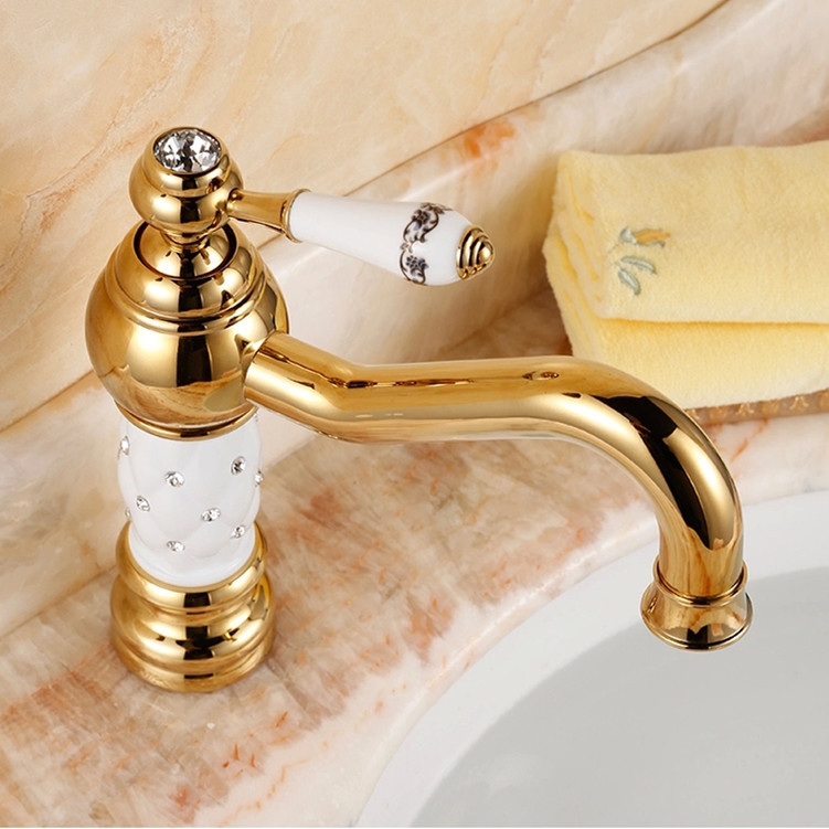 modern new bathroom deck mounted golden brass white colour finished basin faucet single handle sink mixer tap qx-9018