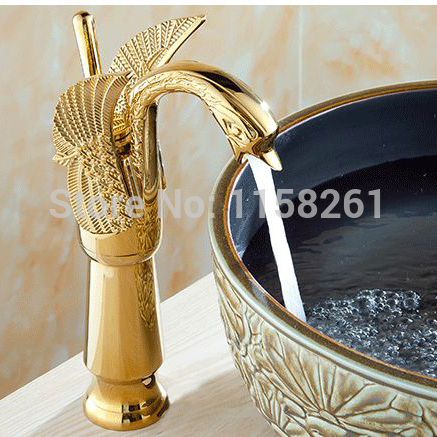 new design luxury copper and cold taps swan faucet gold plated wash basin faucet mixer taps hj-36k