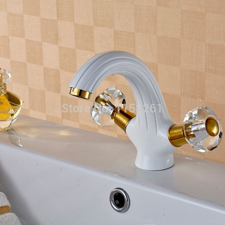 newly grilled white paint ceramic golden polished crystal handle faucets bathroom basin sink mixer tap noble gorgeous hj-6651w