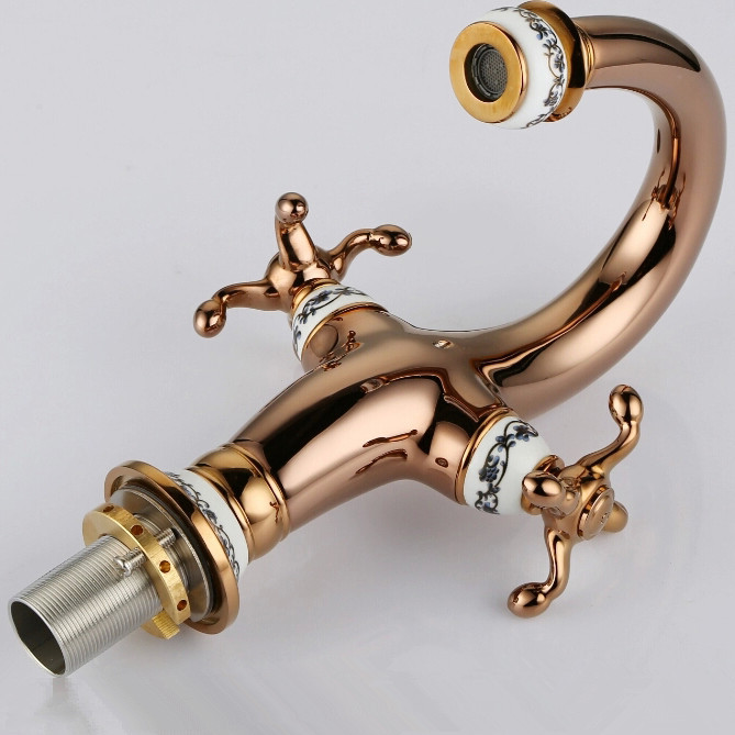 whole and retail promotion euro style rose golden brass bathroom basin faucet dual cross handle sink mixer tap 88501e - Click Image to Close