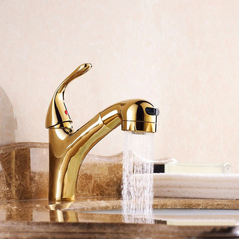whole promotion golden finish pull out bathroom basin faucet vanity sink mixer tap single handle hj-871k