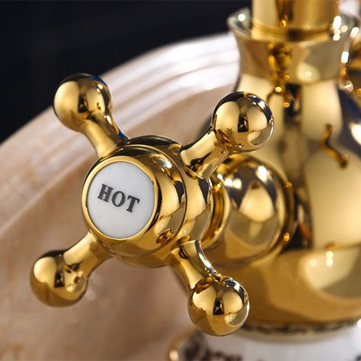 solid gold faucet, gold plated purified water basin faucet,deck mounted double lever wash faucet 2022k - Click Image to Close