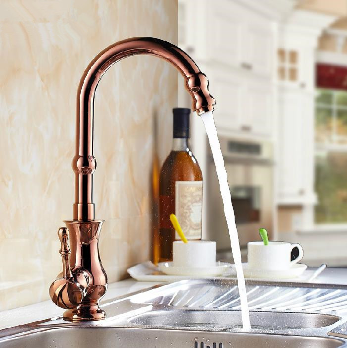 whole and retail promotion rose golden brass deck mounted kitchen faucet spout sink mixer tap single handle 9260e - Click Image to Close