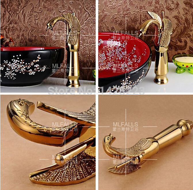 beautifull golden countertop basin sink faucet deck mounted swan shape bathroom basin mixer taps