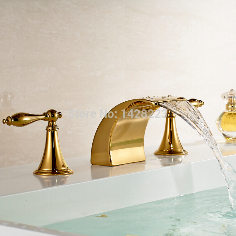 classic dual handles deck mounted 3pcs bathroom faucet golden widespread waterfall basin sink mixer taps