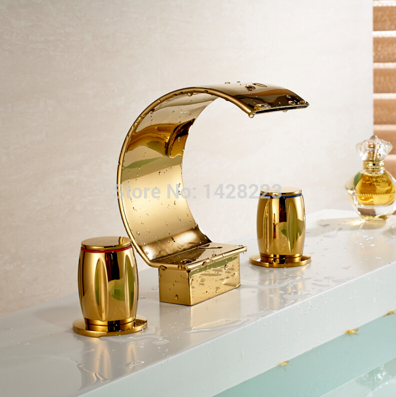 deck mounted dual handles widespread waterfall bathroom vessel sink basin faucet polished golden three holes