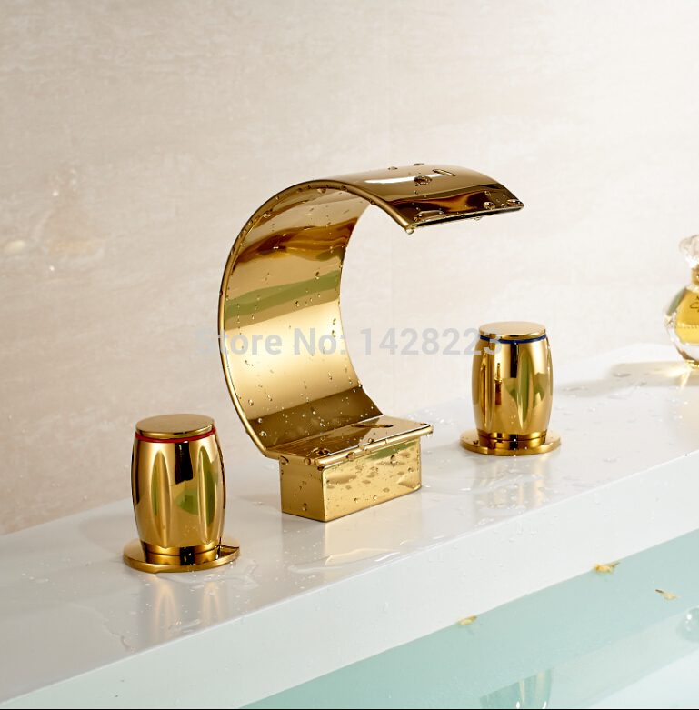 deck mounted dual handles widespread waterfall bathroom vessel sink basin faucet polished golden three holes