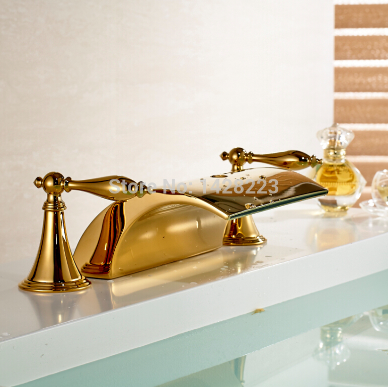 dual handles brass gold-plate basin sink mixer faucet + big waterfall spout deck mounted 3pcs