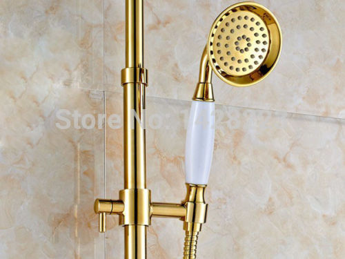 gold finish luxury 8" rain shower faucet set wall mount tub shower mixer tap with hand sprayer