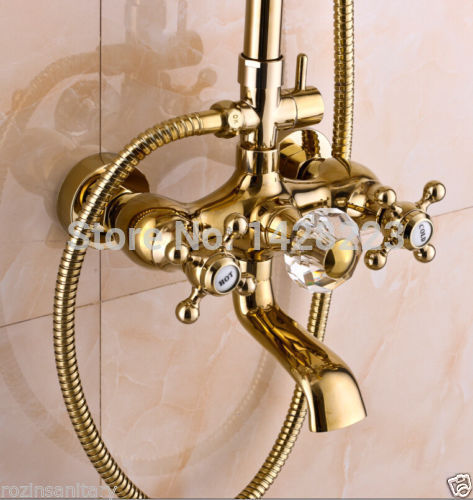 gold-plating wall mounted dual handles 8" brass showerhead bath shower faucet set + handheld shower