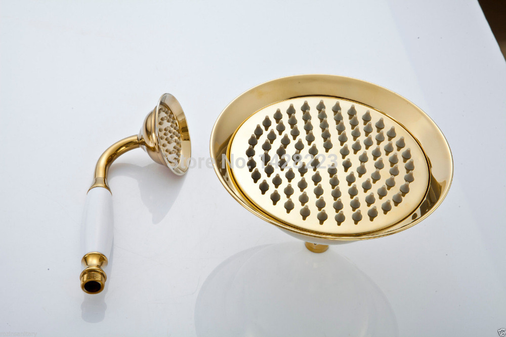 gold-plating wall mounted dual handles 8" brass showerhead bath shower faucet set + handheld shower