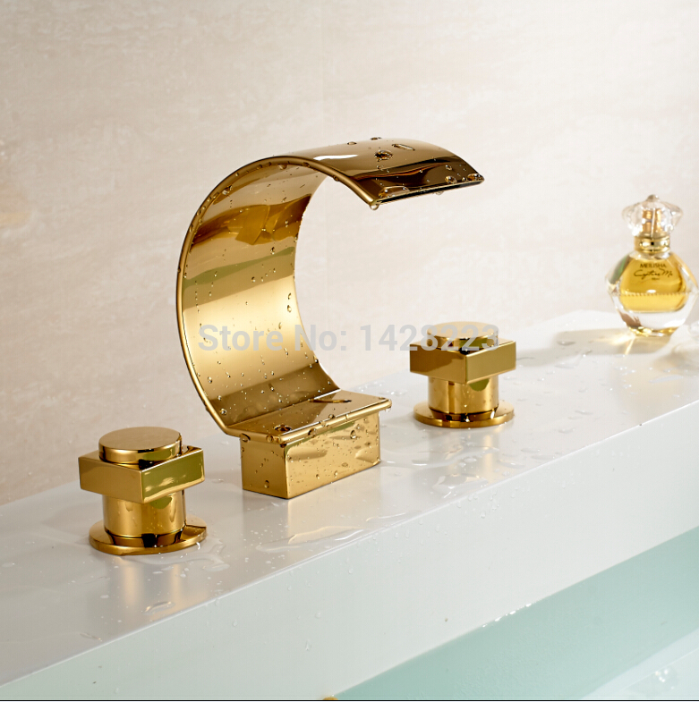 golden bathroom dual handles waterfall basin faucet deck mounted widespread three holes