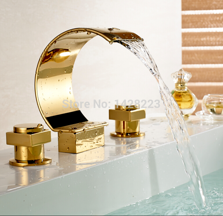 golden bathroom dual handles waterfall basin faucet deck mounted widespread three holes