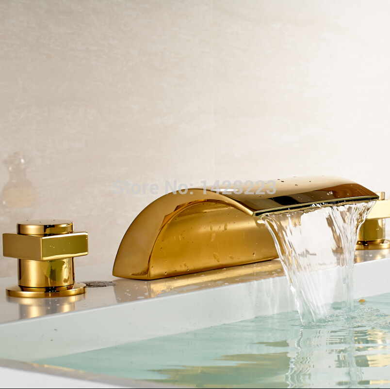 golden brass bathroom vanity sink faucet deck mounted waterfall faucet basin mixer taps torneira para banheiro