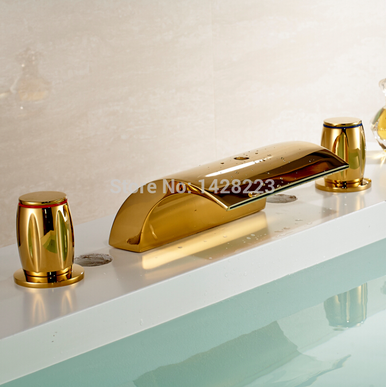 golden deck mounted waterfall bathroom vessel sink faucet widespread and cold wash basin mixer taps