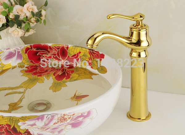 gorgeous golden polished tall countertop vessel sink faucets bathroom basin mixer tap