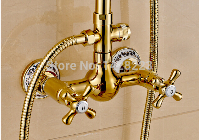 high-end golden dual cross handles 6" rain shower set faucet wall mount exposed shower mixer valve with handshower
