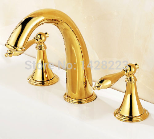 luxury gold plate 3 pcs widespread dual handle basin faucet deck mounted three holes basin mixer tap
