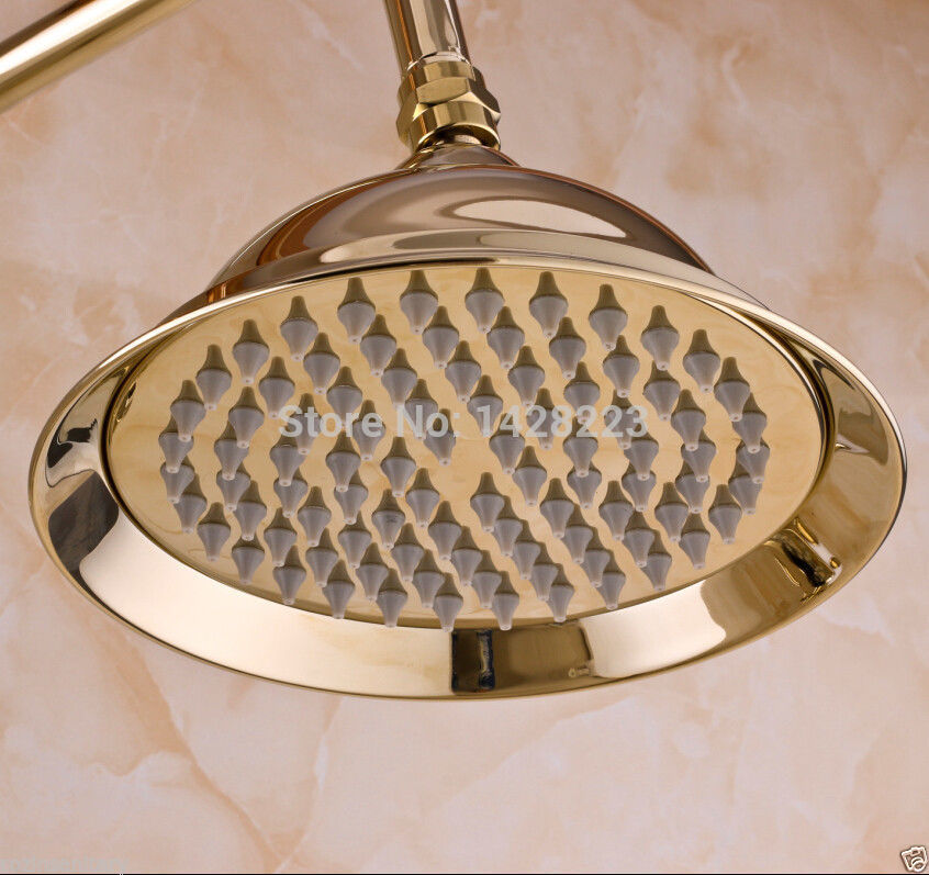 luxury golden dual handles 8" rain brass shower faucet set wall mounted with handshower adjust height