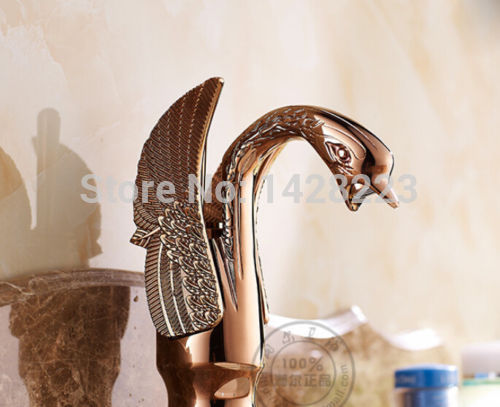 luxury rose gold color swan shape bathroom sink mixer taps deck mount one hole basin faucets