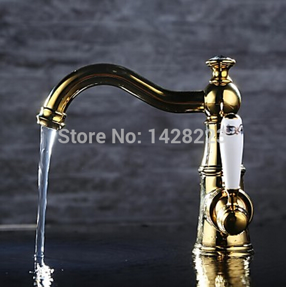 single ceramic handle deck mounted brass long swivel spout bathroom sink faucet golden one hole a494