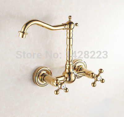 wall mount swivel spout kitchen sink faucet mixer tap gold finish dual handles